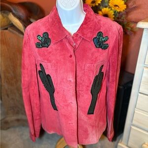 Women's Red Suede Jacket with Cactus Appliqués